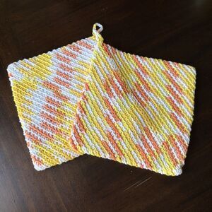 2 Homemade Hot Pads 8x8 Crocheted Creamsicle Orange Yellow White Cotton Thick